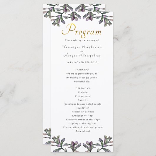 結婚式 プログラムの熱帯葉の金ゴールドスクリプト プログラム (正面/裏面)