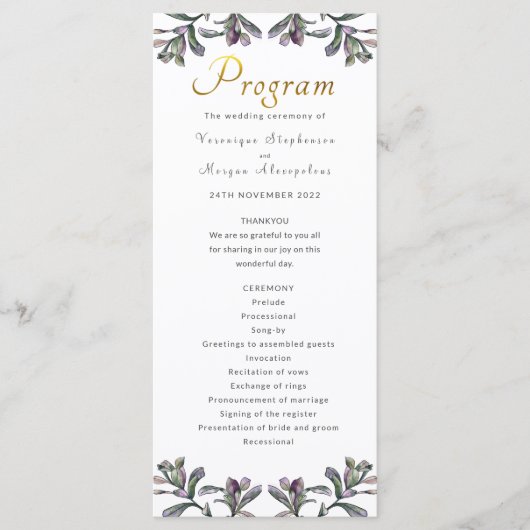 結婚式 プログラムの熱帯葉の金ゴールドスクリプト プログラム (正面)