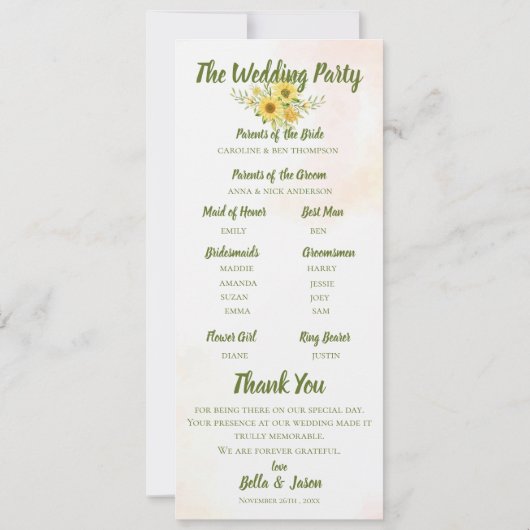 結婚式 プログラムひまわり黄色かわいい水色 招待状 (裏面)