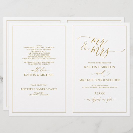 結婚式 プログラムエレガントスキニー書道(金ゴールド) (正面/裏面)