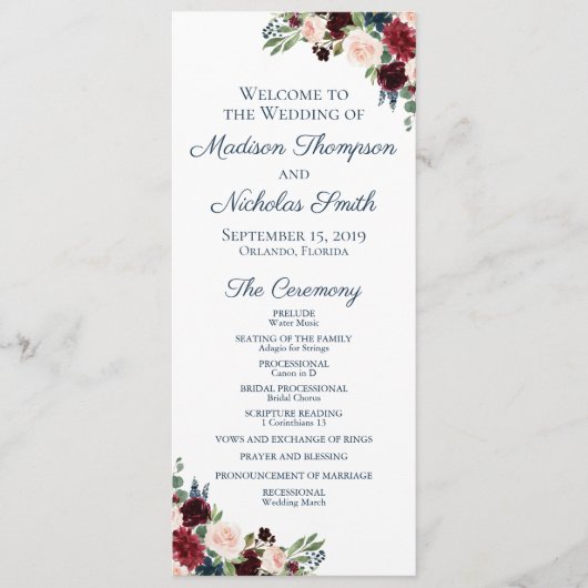 結婚式 プログラムカードとネイビーマルサラの花 プログラム (正面)