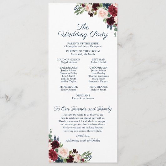 結婚式 プログラムカードとネイビーマルサラの花 プログラム (裏面)