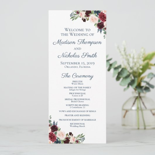 結婚式 プログラムカードとネイビーマルサラの花 プログラム (スタンド正面)