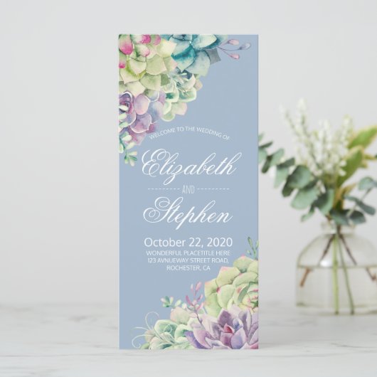 結婚式 プログラムカード水色多肉植物 プログラム (スタンド正面)
