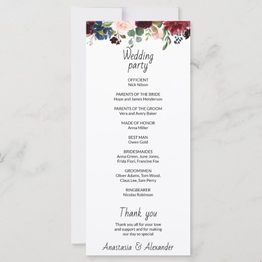 結婚式 プログラムカード。 (裏面)