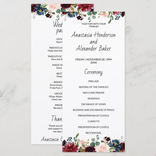 結婚式 プログラムカード。 (正面/裏面)