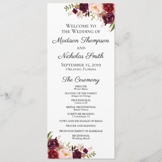 結婚式 プログラムカード(マルサラとピンクの花) プログラム (正面)