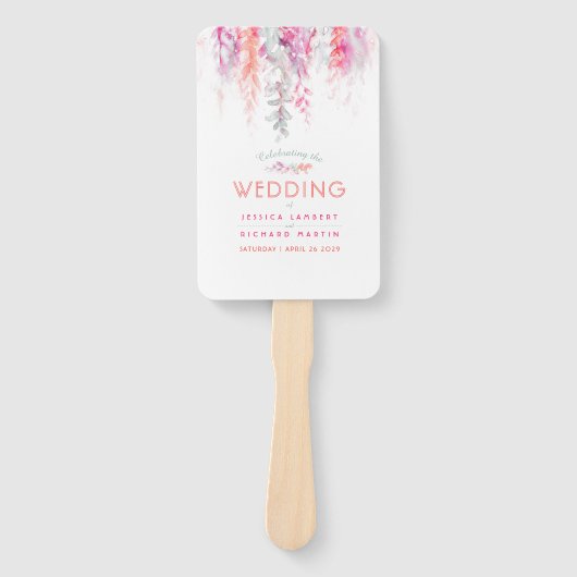 結婚式 プログラムサンゴピンクのセージ緑のつる植物の花 ハンドファン (正面)
