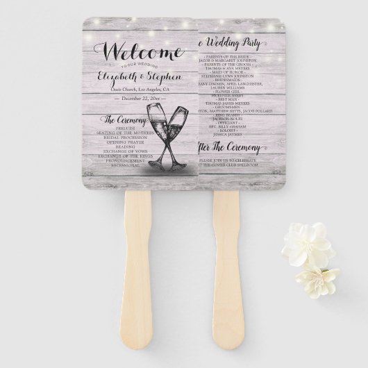 結婚式 プログラムシャンパングラス素朴ウッドライト ハンドファン (正面&裏面)