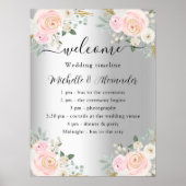 結婚式 プログラムタイムラインシルバーピンクの花 ポスター (正面)