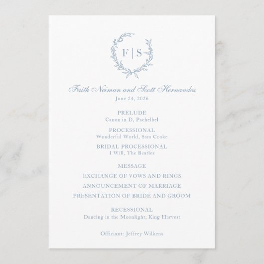 結婚式 プログラムダスティブルーモノグラムリース プログラム (正面)