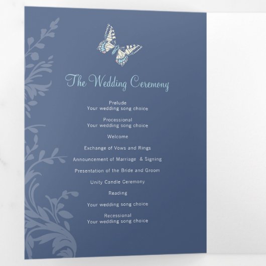結婚式 プログラムダークブルーの蝶のラブストーリー 三つ折りプログラム (内部最初)