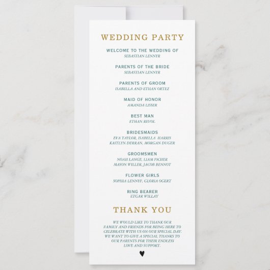 結婚式 プログラムティール（緑がかった色）及び金ゴールドテンプレート 招待状 (裏面)