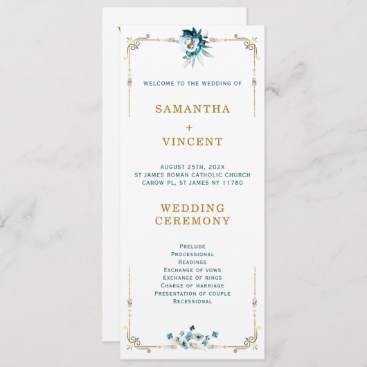 結婚式 プログラムティール（緑がかった色）及び金ゴールドテンプレート 招待状 (正面/裏面)