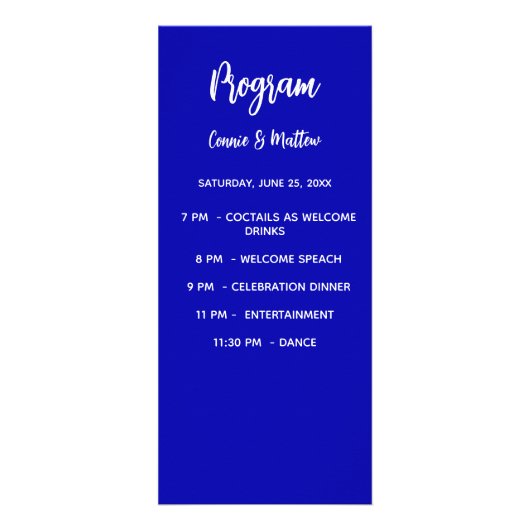 結婚式 プログラムディナー王室のメニュー青 ラックカード (正面)