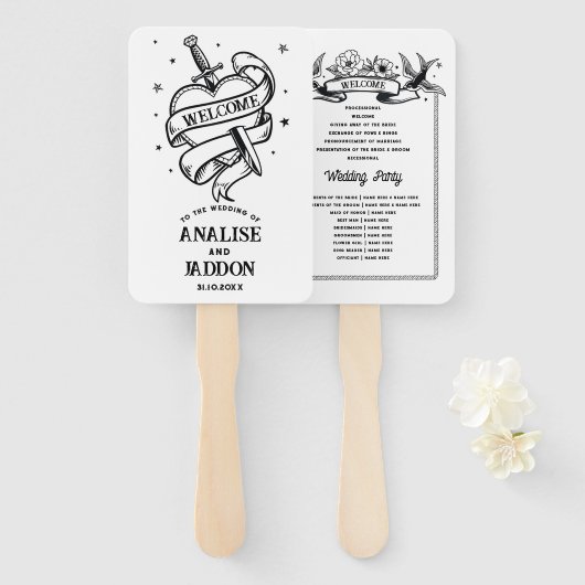 結婚式 プログラムハートタトゥー伝統的 ハンドファン (正面&裏面)