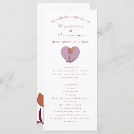 結婚式 プログラムピンクの愛ハート花 プログラム (正面/裏面)