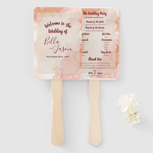 結婚式 プログラムピーチ金ゴールドオレンジマーブルパーティー ハンドファン (正面&裏面)