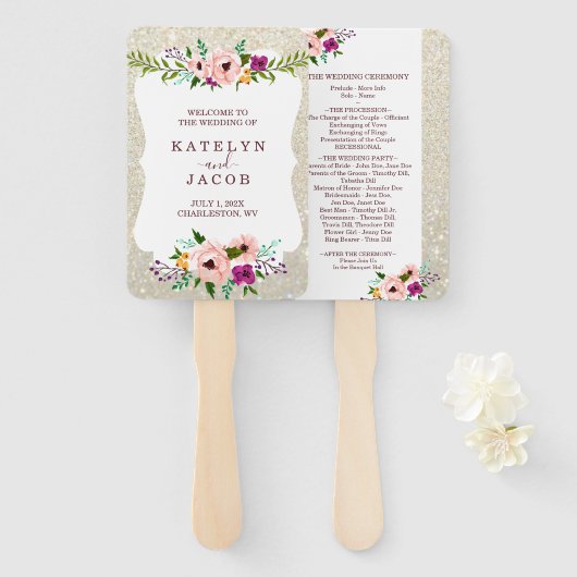 結婚式 プログラムファンホワイト金ゴールドフローラグリッターFab ハンドファン (正面&裏面)