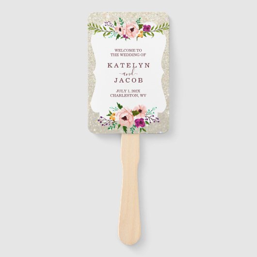 結婚式 プログラムファンホワイト金ゴールドフローラグリッターFab ハンドファン (正面)