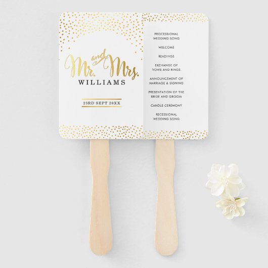 結婚式 プログラムファン氏とミセスシック金ゴールド紙吹雪 ハンドファン (正面&裏面)