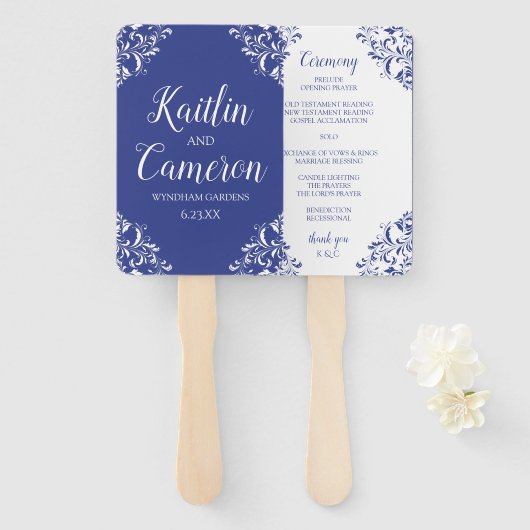 結婚式 プログラムファン |ナディネ王室の（青） 4x6 ハンドファン (正面&裏面)