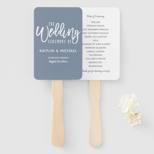 結婚式 プログラムファン |ブラシスクリプト(ほこりっぽい青) ハンドファン (正面&裏面)