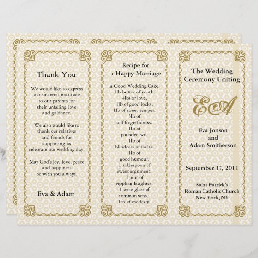 結婚式 プログラムフォルダーパターン金ゴールド白 (正面/裏面)