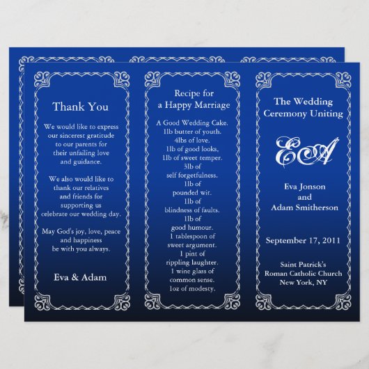 結婚式 プログラムフォルダー王室のブルー (正面/裏面)