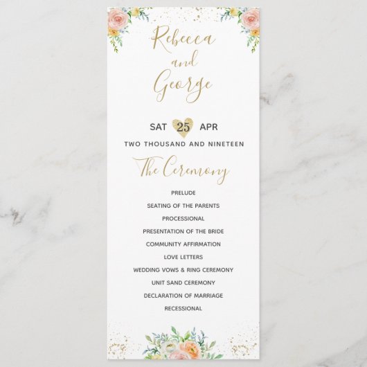 結婚式 プログラムフローラ赤面および金ゴールド エレガント プログラム (正面)