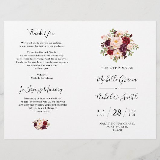 結婚式 プログラムブルゴーニュ水カラーフローラ、FOLD (正面)