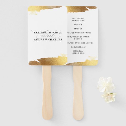 結婚式 プログラムモダンの黄金の金ゴールド縁 ハンドファン (正面&裏面)