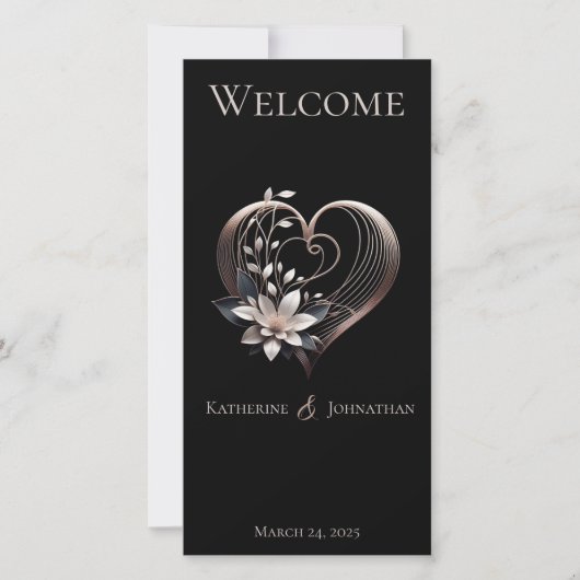 結婚式 プログラムモダンピンクのハート（花あり） (正面)