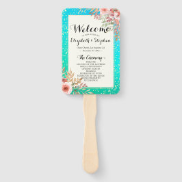 結婚式 プログラムモダンピンクフローラティール（緑がかった色）金ゴールドドット ハンドファン