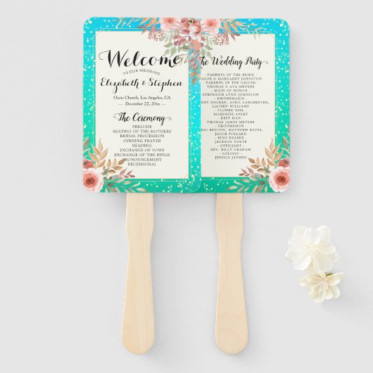 結婚式 プログラムモダンピンクフローラティール(緑がかった色)金ゴールドドット ハンドファン (正面&裏面)
