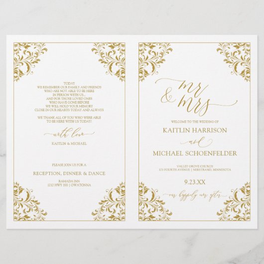 結婚式 プログラムヴィンテージエレガント書道 – 金ゴールド (正面)