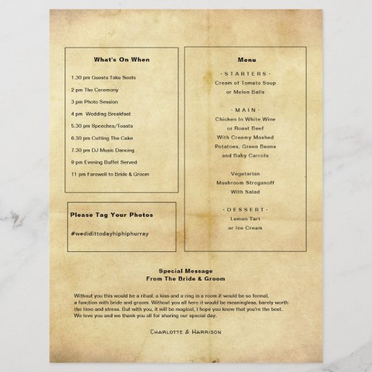 結婚式 プログラムヴィンテージ新聞スタイルフライヤー チラシ (裏面)