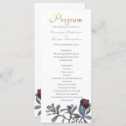 結婚式 プログラム熱帯葉金ゴールドスクリプトフローラ プログラム (正面/裏面)