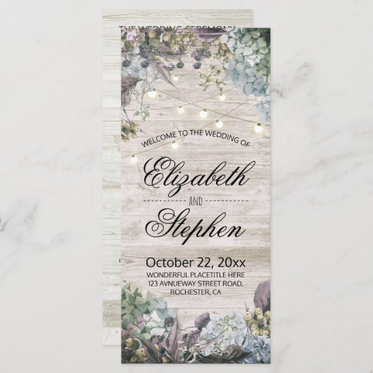 結婚式 プログラム素朴ウッドフローラおよびストリングライト プログラム (正面/裏面)