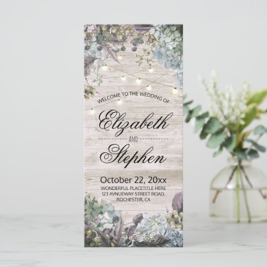 結婚式 プログラム素朴ウッドフローラおよびストリングライト プログラム (スタンド正面)