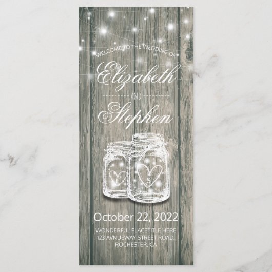 結婚式 プログラム素朴ウッドメイソンジャールストリングライト プログラム (正面)