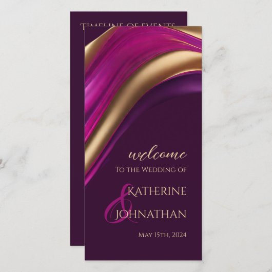 結婚式 プログラム紫モダン明るい赤紫色と金ゴールド- (正面/裏面)
