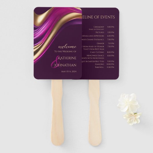 結婚式 プログラム紫モダン明るい赤紫色と金ゴールド- ハンドファン (正面&裏面)