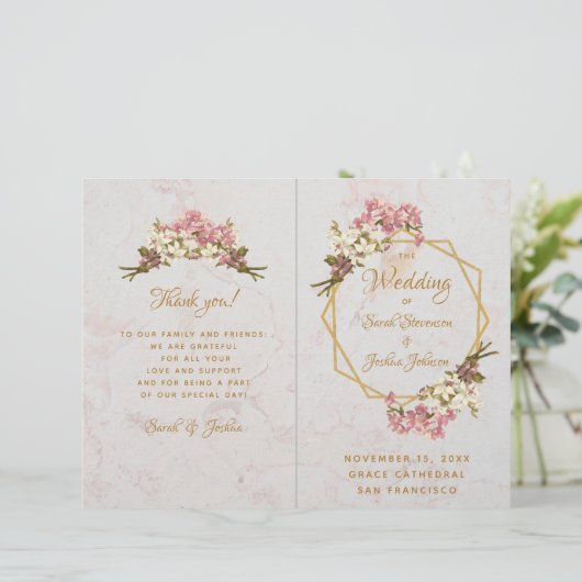 結婚式 プログラム金ゴールドピンクオーランズマーブルジオメトリック (スタンド正面)