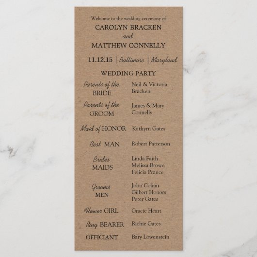 結婚式 プログラム | クラフト素朴紙 (正面)