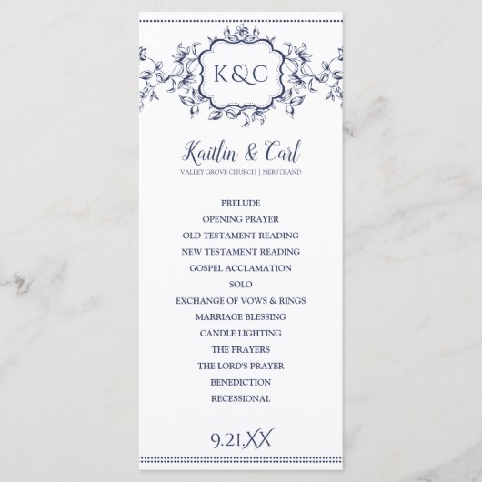 結婚式 プログラム – ネイビエレガントーブルーつる植物 (正面)