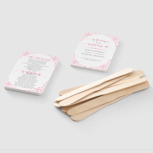 "結婚式 プログラム"ピンクタイポグラフィ&ヴィンテージフレーム ハンドファン (組立なし)