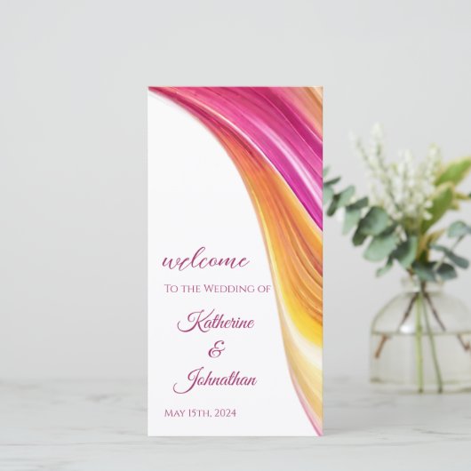 結婚式 プログラム-モダン抽象芸術 – ピンクオレンジ色 (スタンド正面)