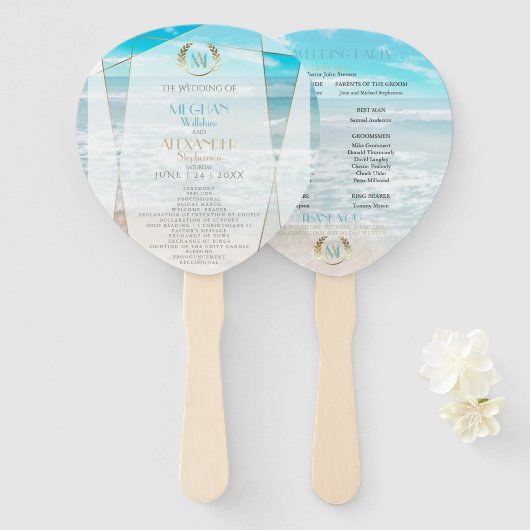 結婚式 プログラム |モノグラムモダン幾何学的ビーチ ハンドファン (正面&裏面)