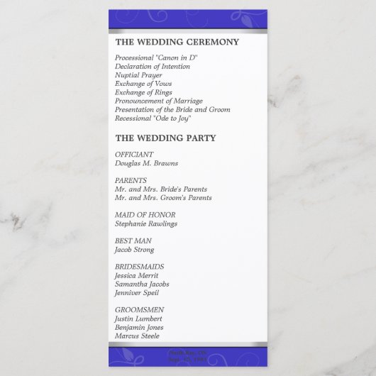 結婚式 プログラム – モノグラム王室のブルーフローラ (裏面)